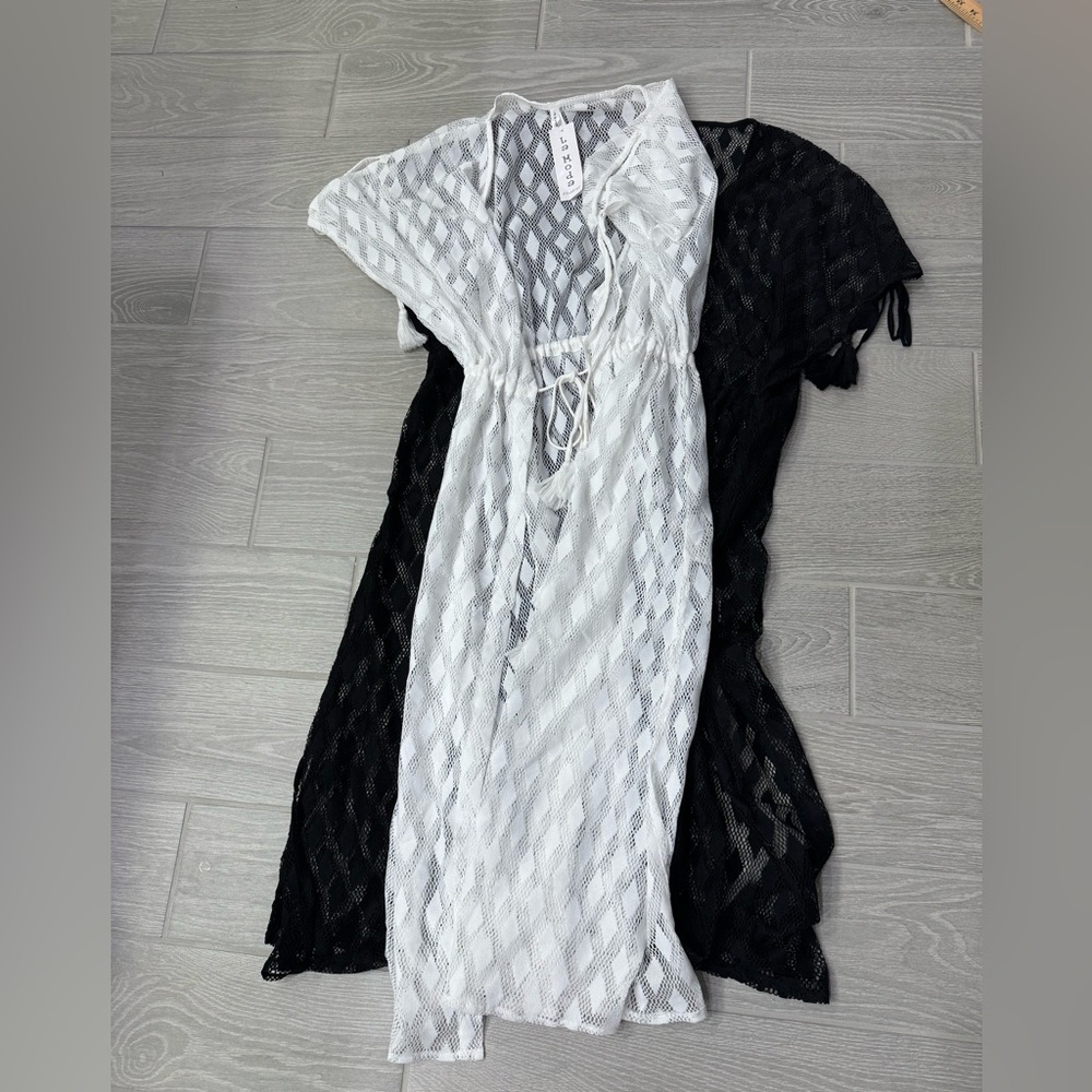 LA MODA Bundle of TWO Crochet Swim Covers White and Black One Size NWT